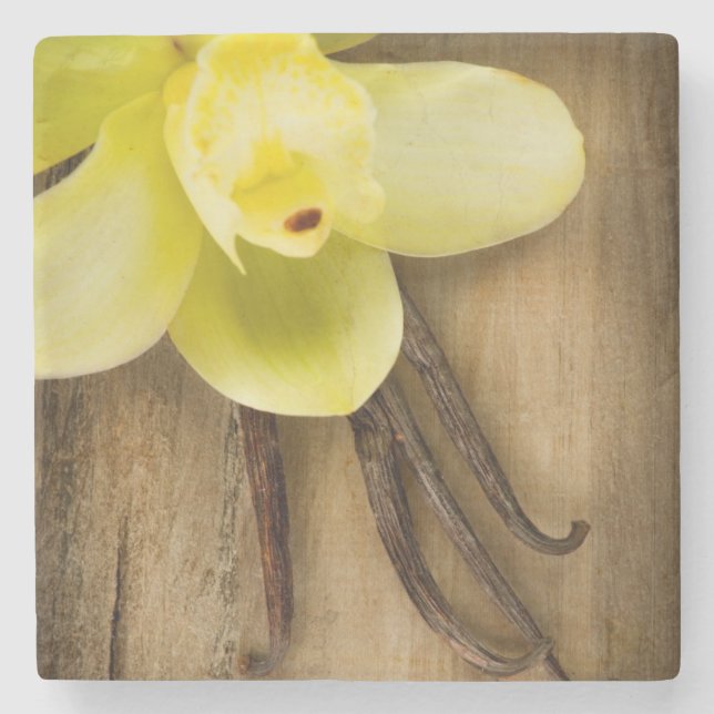 Vanilla Pods and Flower over Wooden Background Stone Coaster (Front)