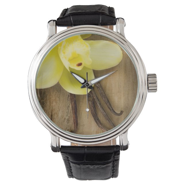 Vanilla Pods and Flower over Wooden Background Watch (Front)