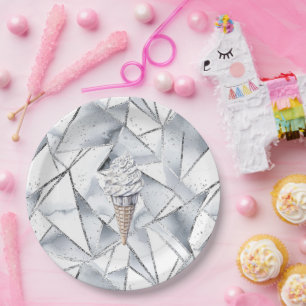 Vanilla Silver Confetti Ice Cream Cone Birthday Paper Plate