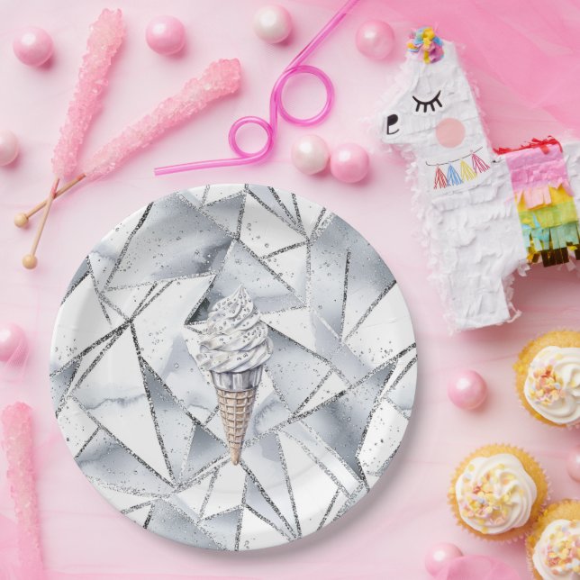 Vanilla Silver Confetti Ice Cream Cone Birthday Paper Plate (Party)