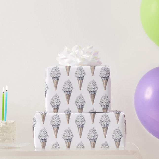 Vanilla Silver Confetti Ice Cream Cone Birthday Wrapping Paper (Party Gifts)