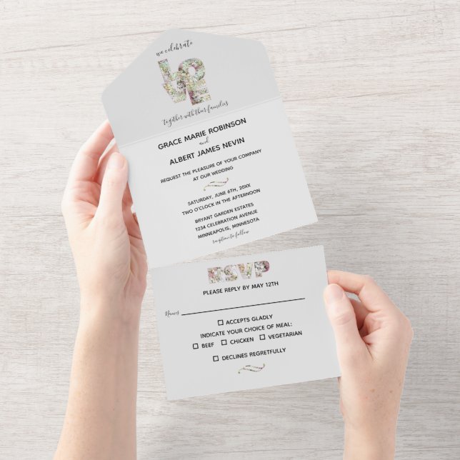 Vanilla Strawberry Hydrangeas Wedding Theme All In One Invitation (Tearaway)