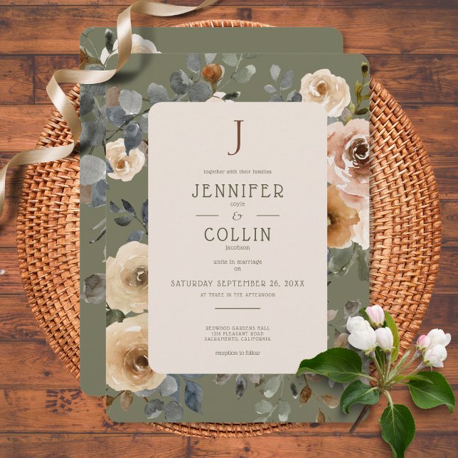 Vanilla White Boho Roses Sage Wedding Invitation (Creator Uploaded)