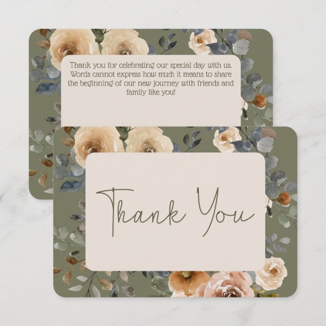 Vanilla White Boho  Roses Sage Wedding Thank You Card (Front/Back)