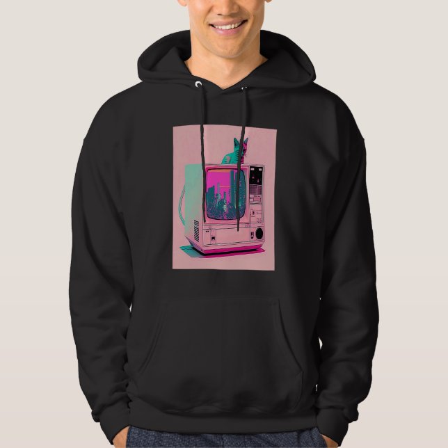 Vaperwave Aesthetic Glitch Cat Retrowave Synthwave Hoodie (Front)