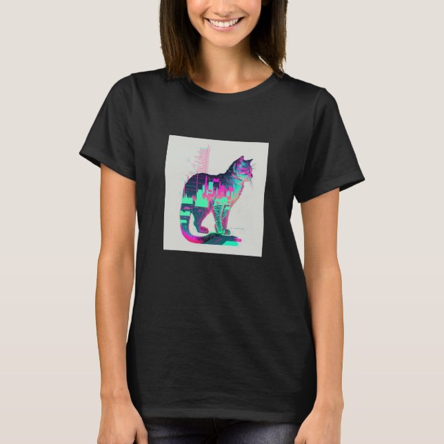 Vaperwave Aesthetic Glitch Cat Retrowave Synthwave T-Shirt (Front)
