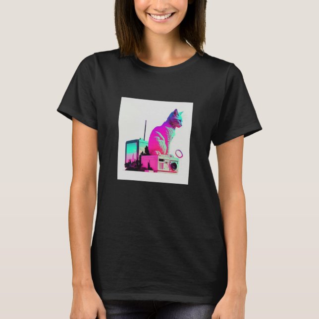 Vaperwave Aesthetic Glitch Cat Retrowave Synthwave T-Shirt (Front)