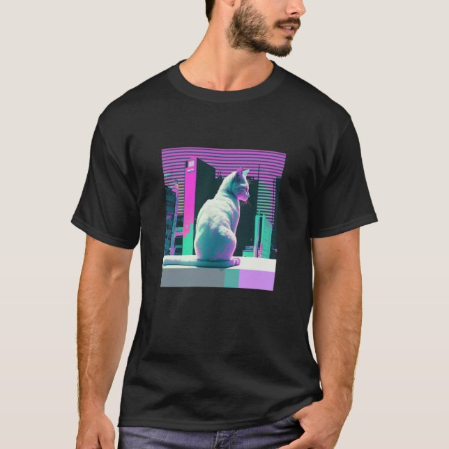 Vaperwave Aesthetic Glitch Cat Retrowave Synthwave T-Shirt (Front)