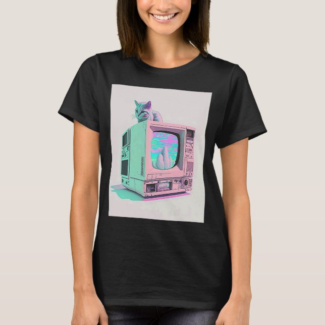Vaperwave Aesthetic Glitch Cat Retrowave Synthwave T-Shirt (Front)