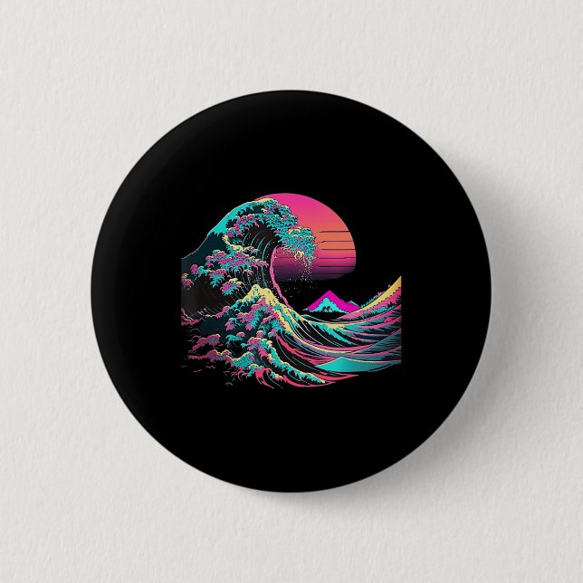 Vaperwave Aesthetic Glitch Great Wave Retrowave Sy 2 Inch Round Button (Front)