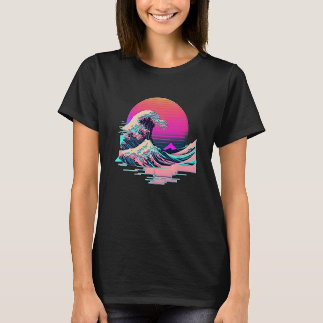 Vaperwave Aesthetic Glitch Great Wave Retrowave Sy T-Shirt (Front)