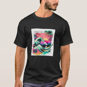 Vaperwave Aesthetic Glitch Great Wave Retrowave Sy T-Shirt