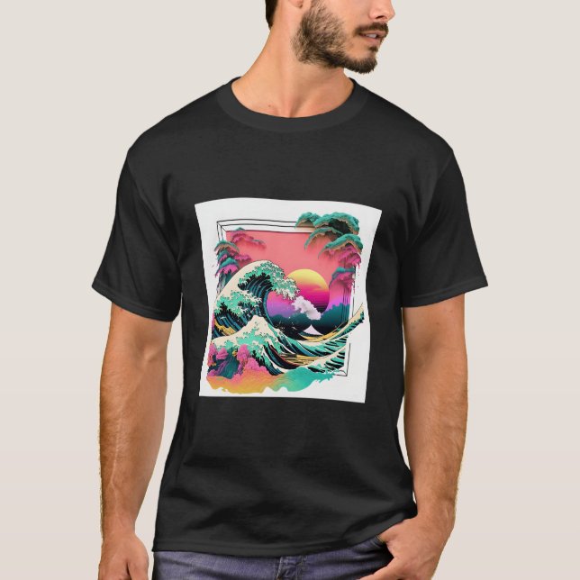Vaperwave Aesthetic Glitch Great Wave Wave Synthwa T-Shirt (Front)