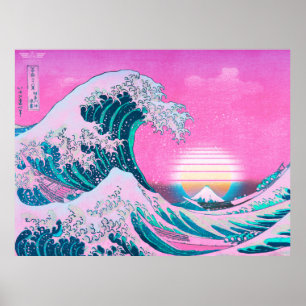 Vaporwave Aesthetic Great Wave Off Kanagawa Sunset Poster