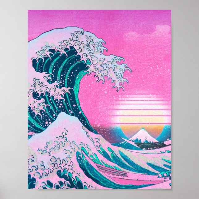 Vaporwave Aesthetic Great Wave Off Kanagawa Sunset Poster (Front)