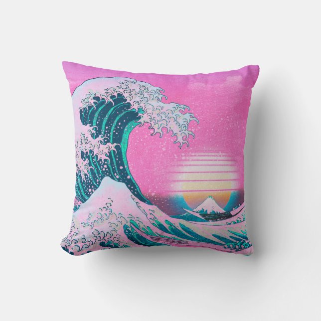 Vaporwave Aesthetic Great Wave Throw Pillow (Front)
