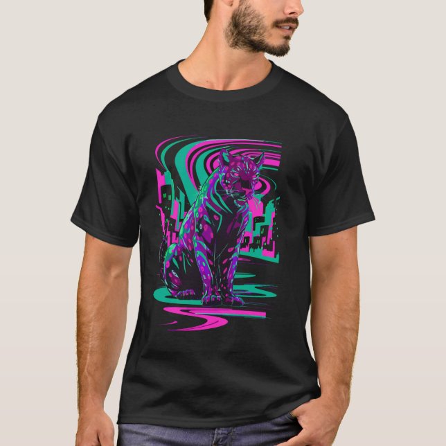 Vaporwave cat aesthetic synthwave cyberpunk black  T-Shirt (Front)