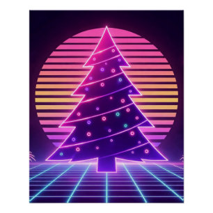 Vaporwave Christmas Tree Neon Sunset Poster