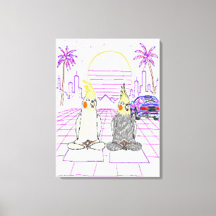 "Vaporwave Cockatiels Retro Sunset Canvas Print" Print