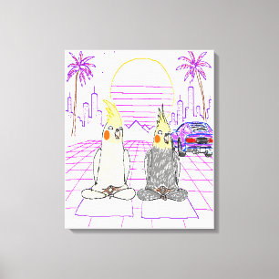 "Vaporwave Cockatiels Retro Sunset Canvas Print" Print