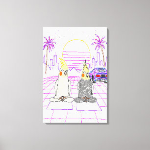 "Vaporwave Cockatiels Retro Sunset Canvas Print" Print