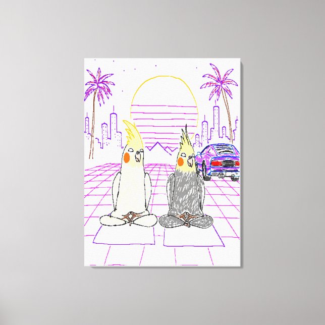 "Vaporwave Cockatiels Retro Sunset Canvas Print" Print (Front)