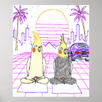 Vaporwave Cockatiels Retro Sunset Poster