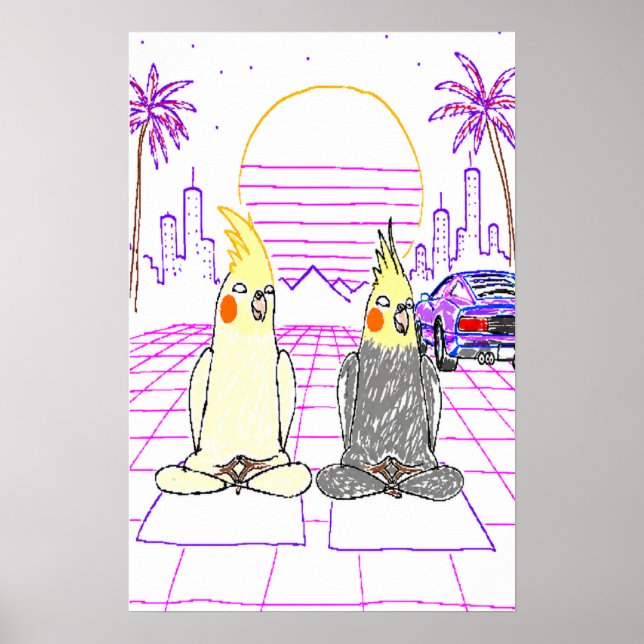 Vaporwave Cockatiels Retro Sunset Poster (Front)
