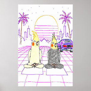 Vaporwave Cockatiels Retro Sunset Poster
