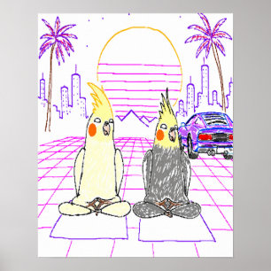 Vaporwave Cockatiels Retro Sunset Poster