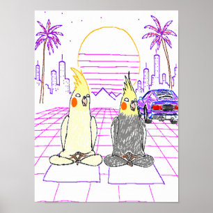 Vaporwave Cockatiels Retro Sunset Poster