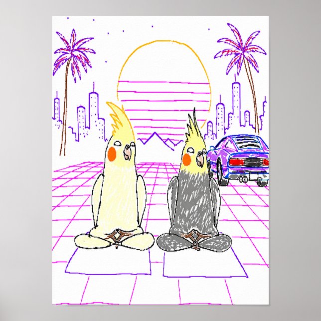 Vaporwave Cockatiels Retro Sunset Poster (Front)