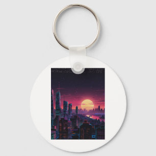 Vaporwave Cyberpunk Cityscape – Neon Skyline Art S Keychain