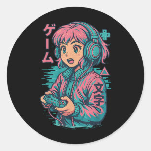 Vaporwave Gamer Girl Japanese Art Anime Manga Grap Classic Round Sticker
