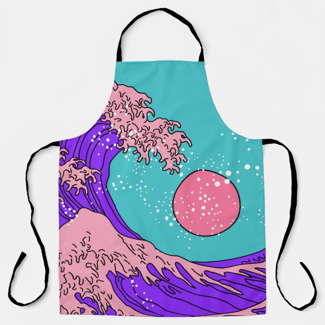 Vaporwave Great Wave: Stylized Ocean Art Apron (Front)