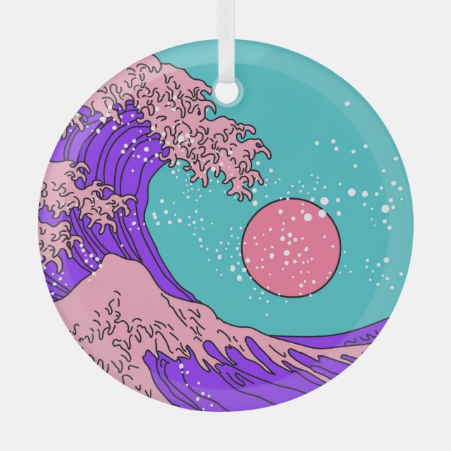 Vaporwave Great Wave: Stylized Ocean Art Glass Ornament (Front)
