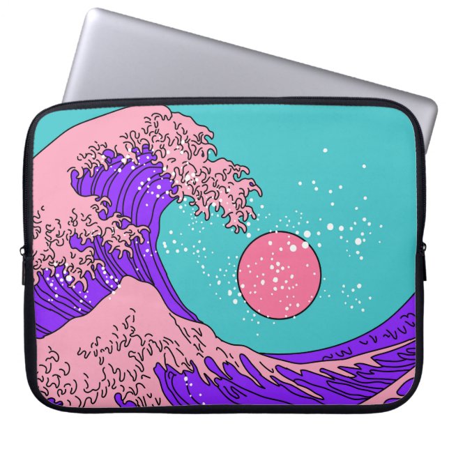 Vaporwave Great Wave: Stylized Ocean Art Laptop Sleeve (Front)