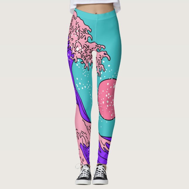 Vaporwave Great Wave: Stylized Ocean Art Leggings (Front)