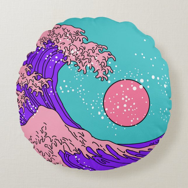Vaporwave Great Wave: Stylized Ocean Art Round Pillow (Front)