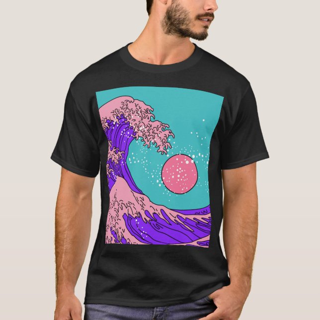 Vaporwave Great Wave: Stylized Ocean Art T-Shirt (Front)