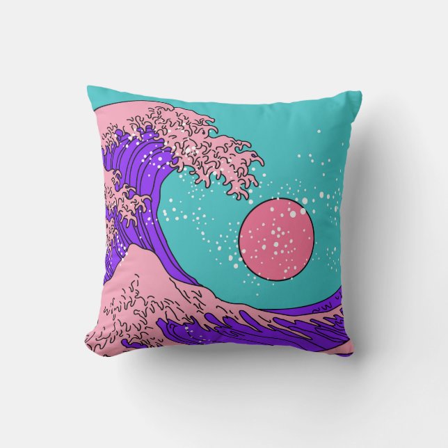 Vaporwave Great Wave: Stylized Ocean Art Throw Pillow (Front)