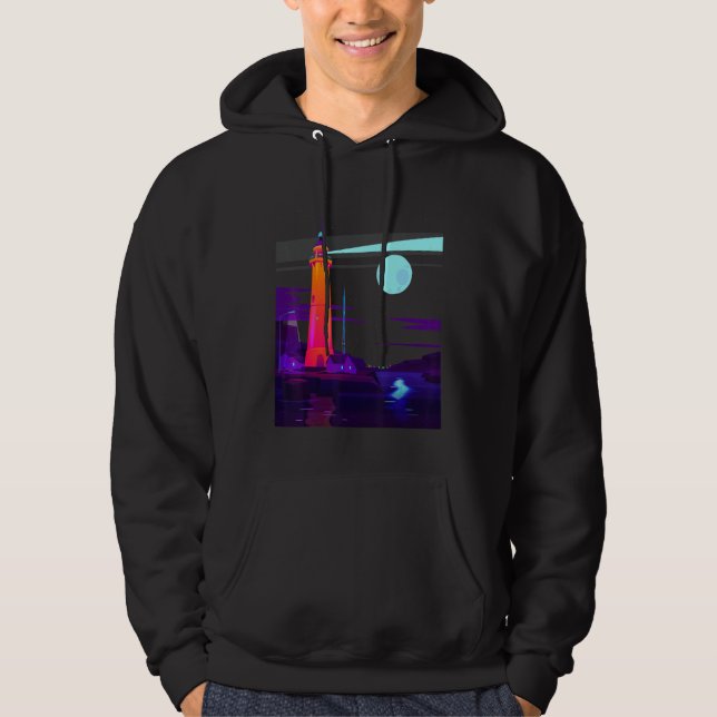 Vaporwave Lighthouse Purple & Blue Synthwave Night Hoodie (Front)