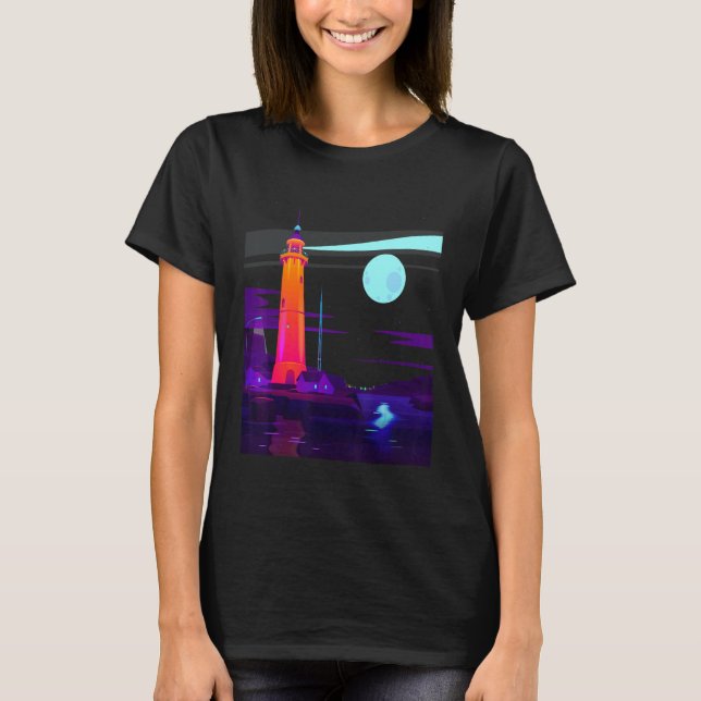 Vaporwave Lighthouse Purple & Blue Synthwave Night T-Shirt (Front)