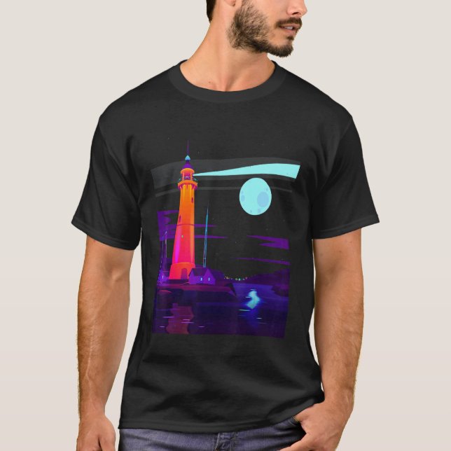 Vaporwave Lighthouse Purple & Blue Synthwave Night T-Shirt (Front)