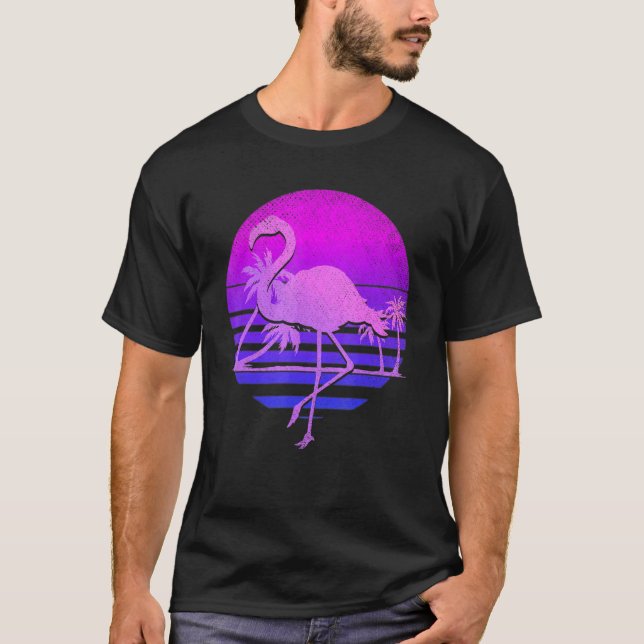 Vaporwave Palm Trees Pink Flamingo 80s Art Tropica T-Shirt (Front)