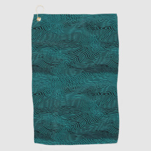 Vaporwave Rippling Teal and Dark Blue Line Pattern Golf Towel