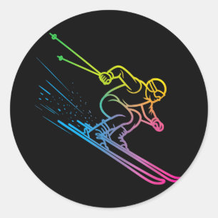 Vaporwave skier rainbow gradient retro winter classic round sticker