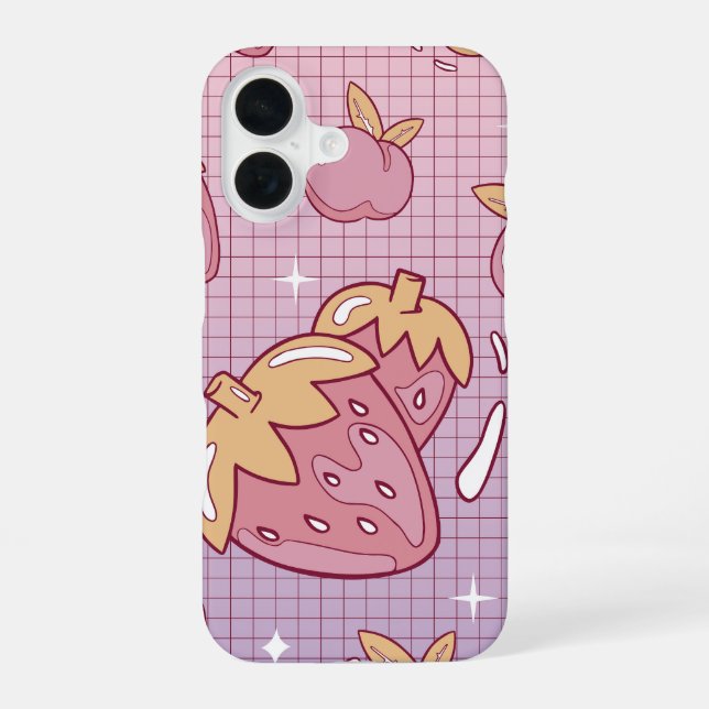 Vaporwave Strawberry Cherry iPhone 16 Case (Back)