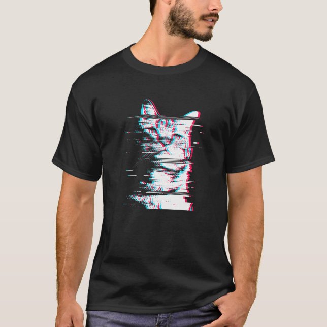 Vaporwave Style Cat VHS Glitch Effect T-Shirt (Front)