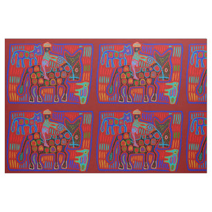 Vaquero y Caballos - Scarlet Red Blue Kuna Indian Fabric